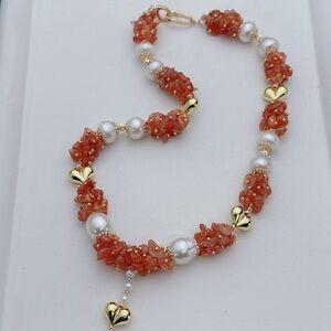 X804 Handmade Freshwater Baroque Pearl Golden Sun Stone Flower Blossom Necklace